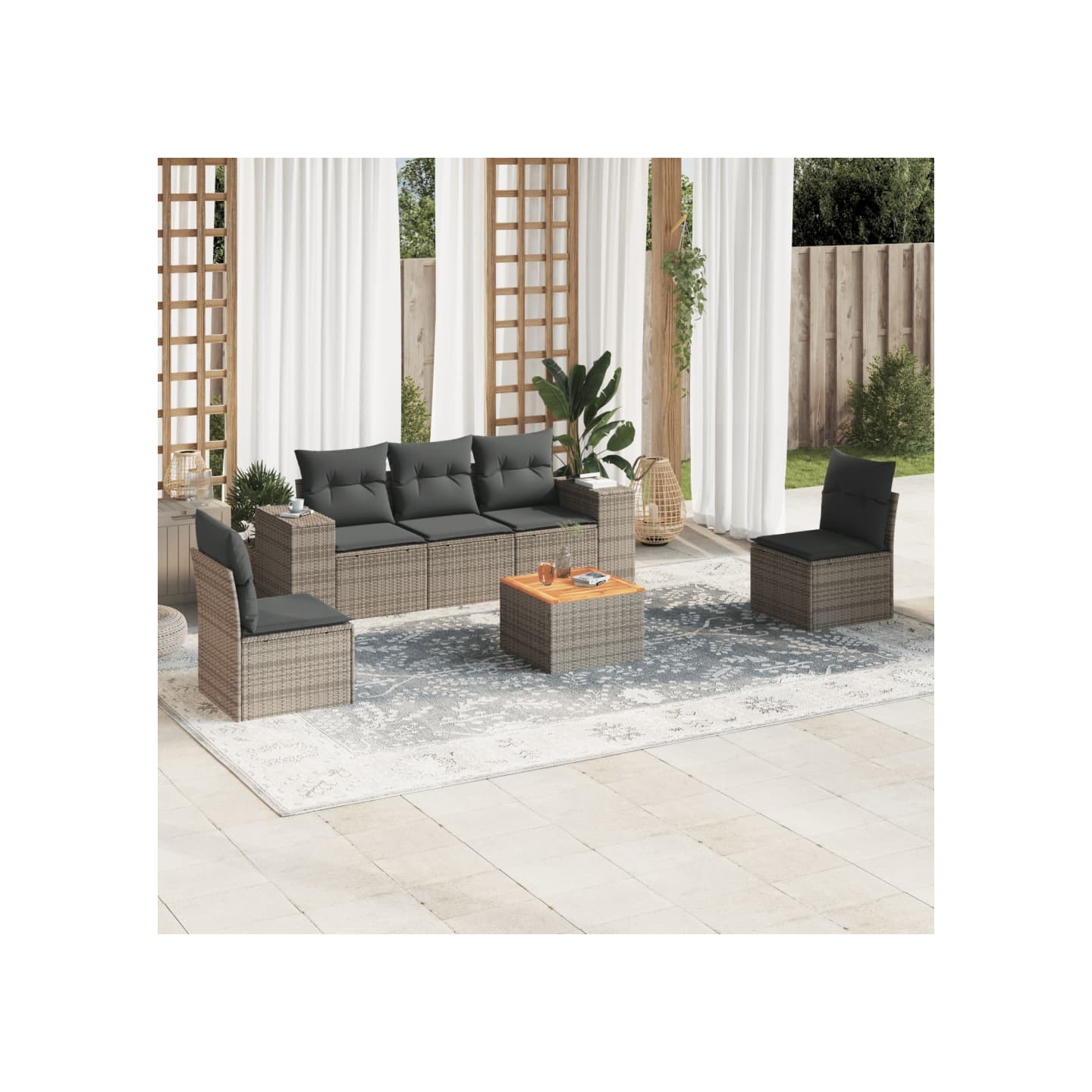 Salon de jardin 6 pcs avec coussins gris résine tressée