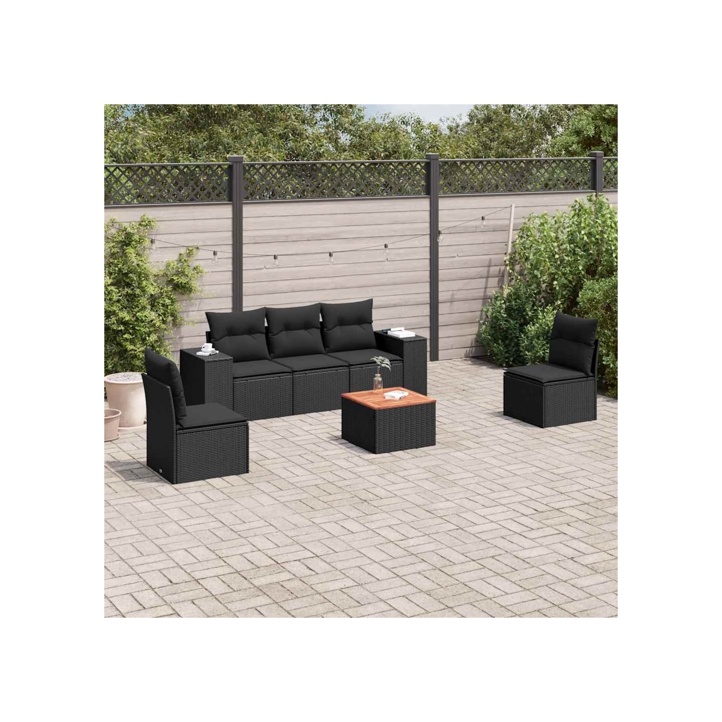 Salon de jardin 6 pcs avec coussins noir résine tressée