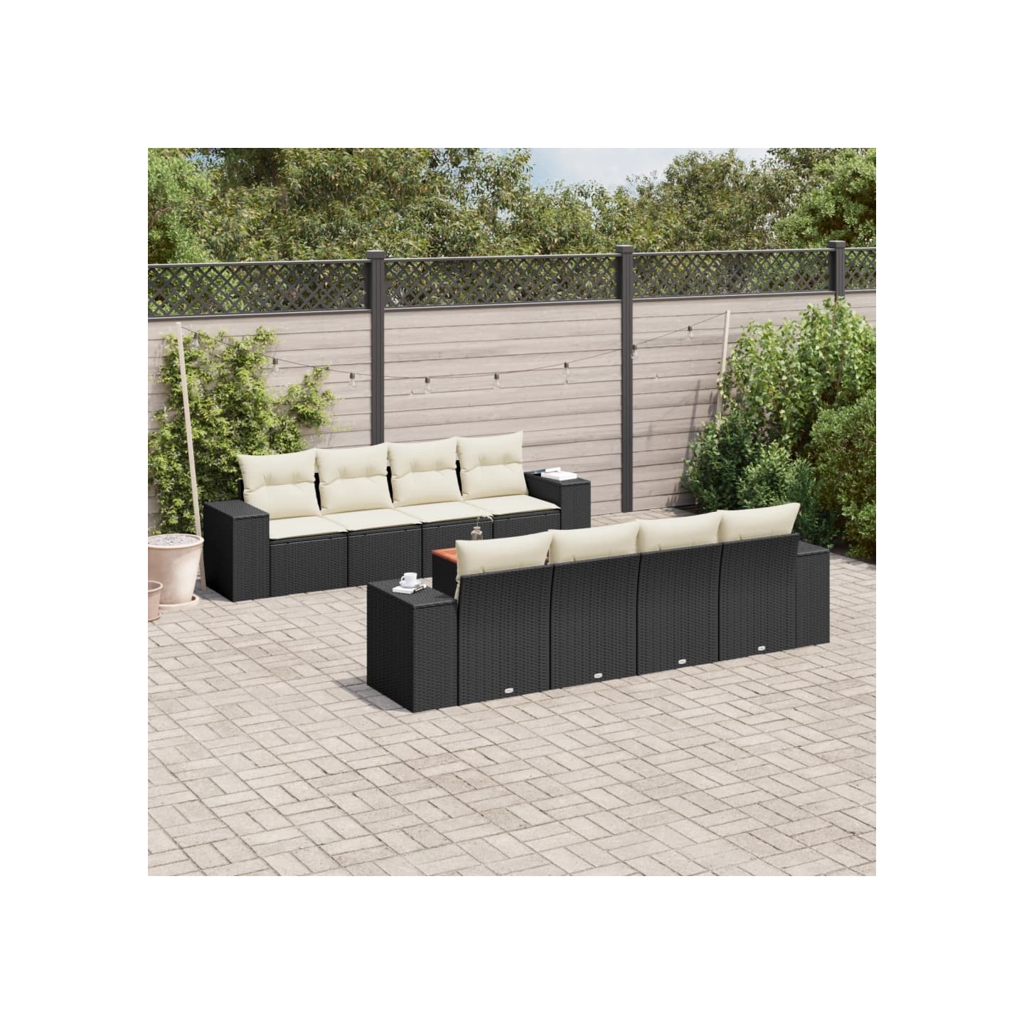 Salon de jardin 9 pcs avec coussins noir résine tressée