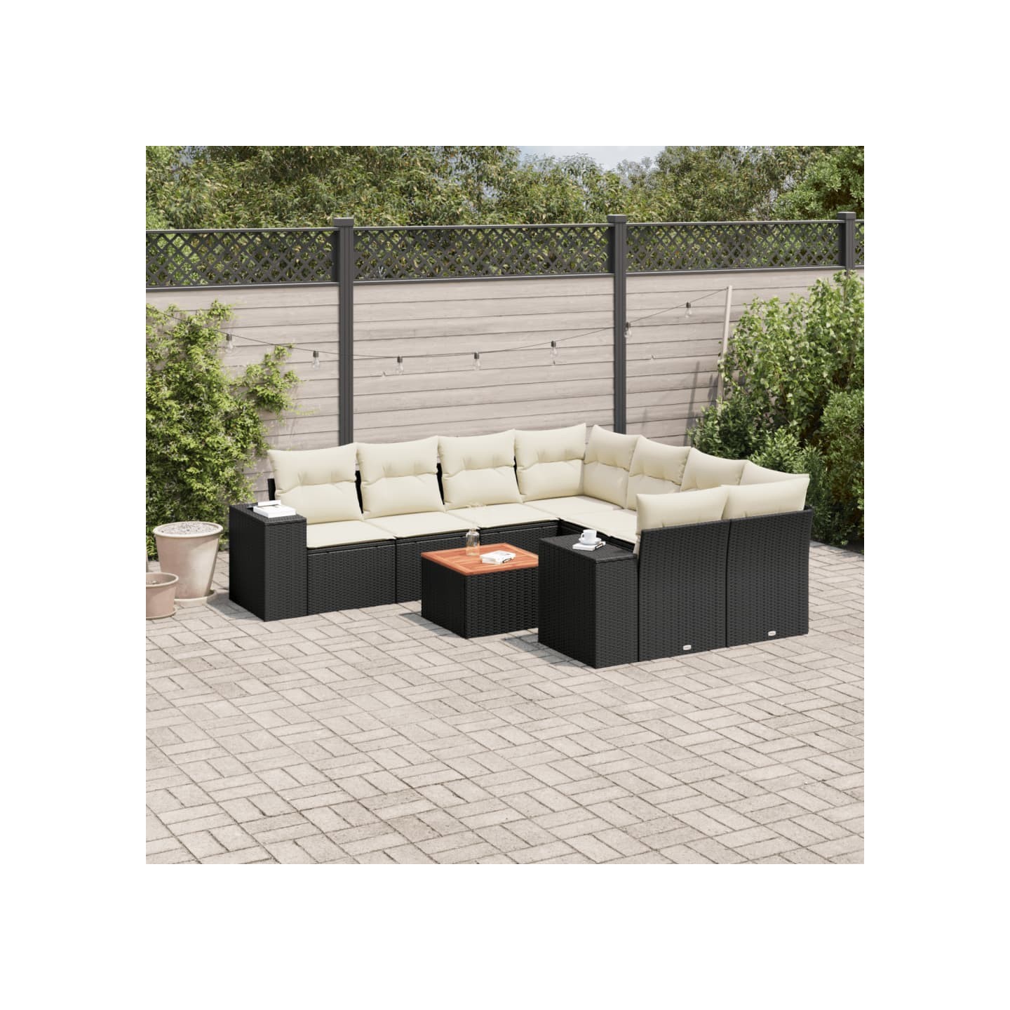Salon de jardin 9 pcs avec coussins noir résine tressée