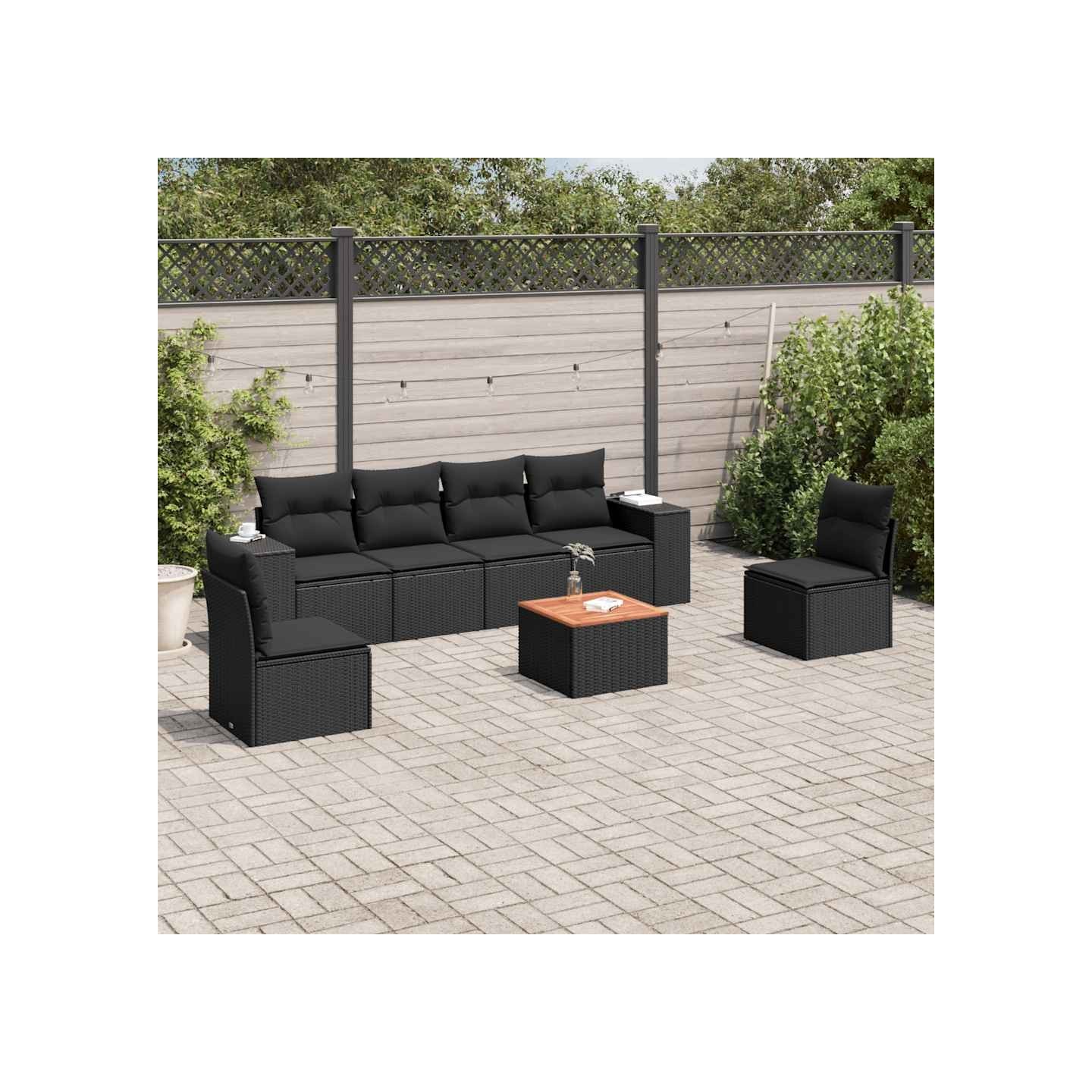 Salon de jardin 7 pcs avec coussins noir résine tressée