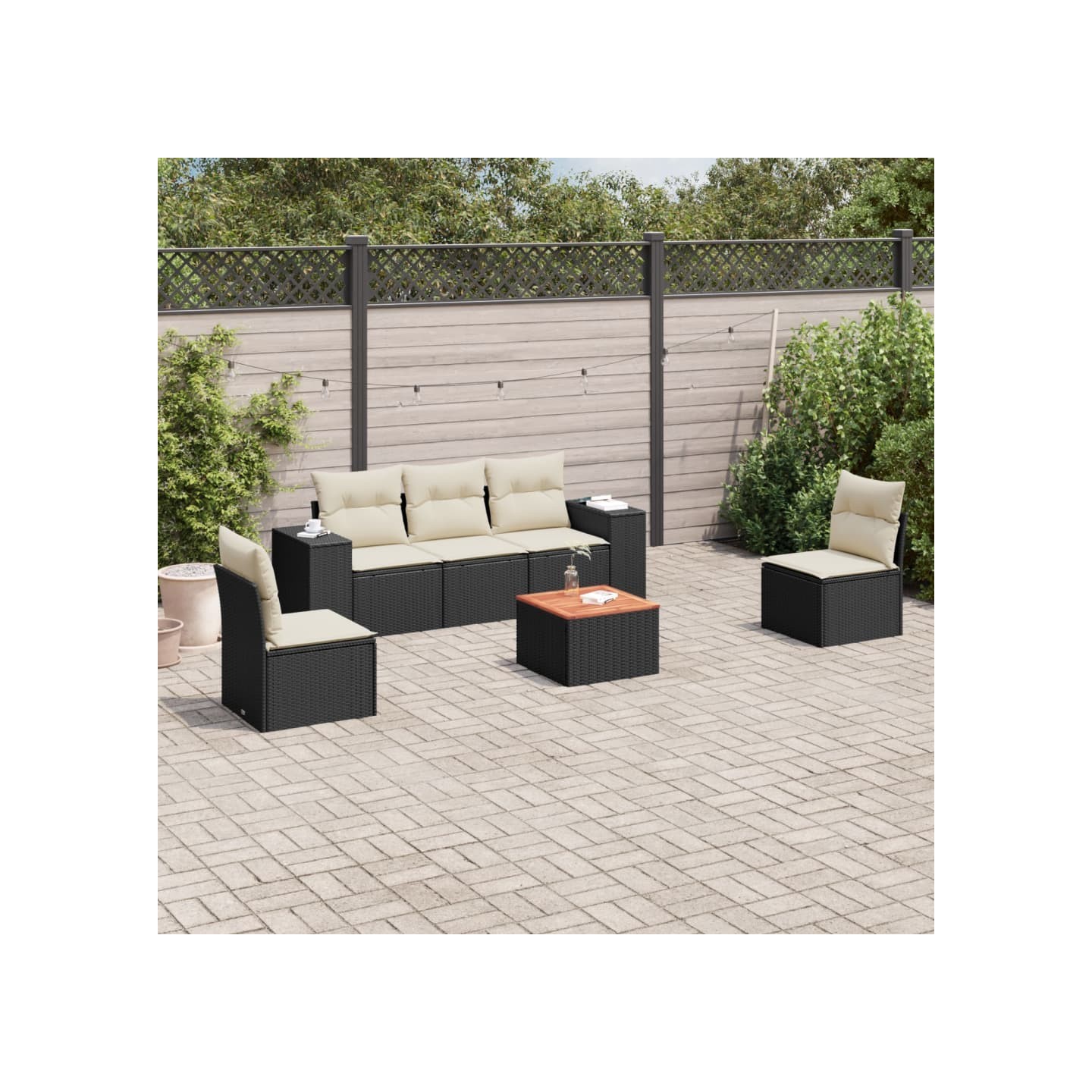 Salon de jardin 6 pcs avec coussins noir résine tressée