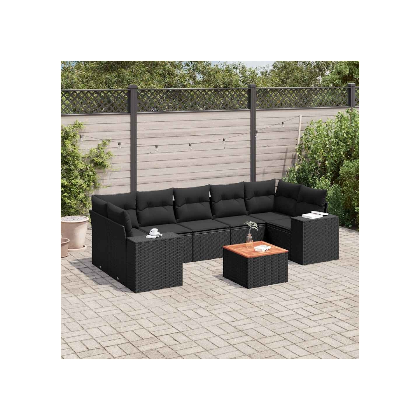 Salon de jardin 8 pcs avec coussins noir résine tressée