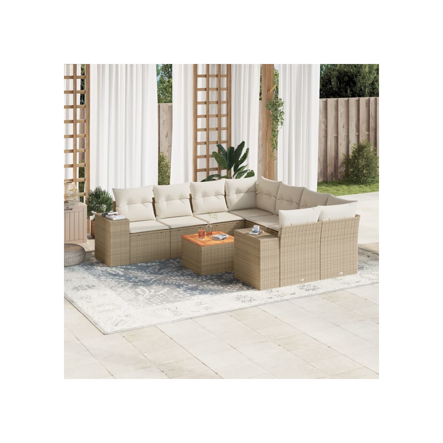 Salon de jardin avec coussins 9 pcs beige résine tressée
