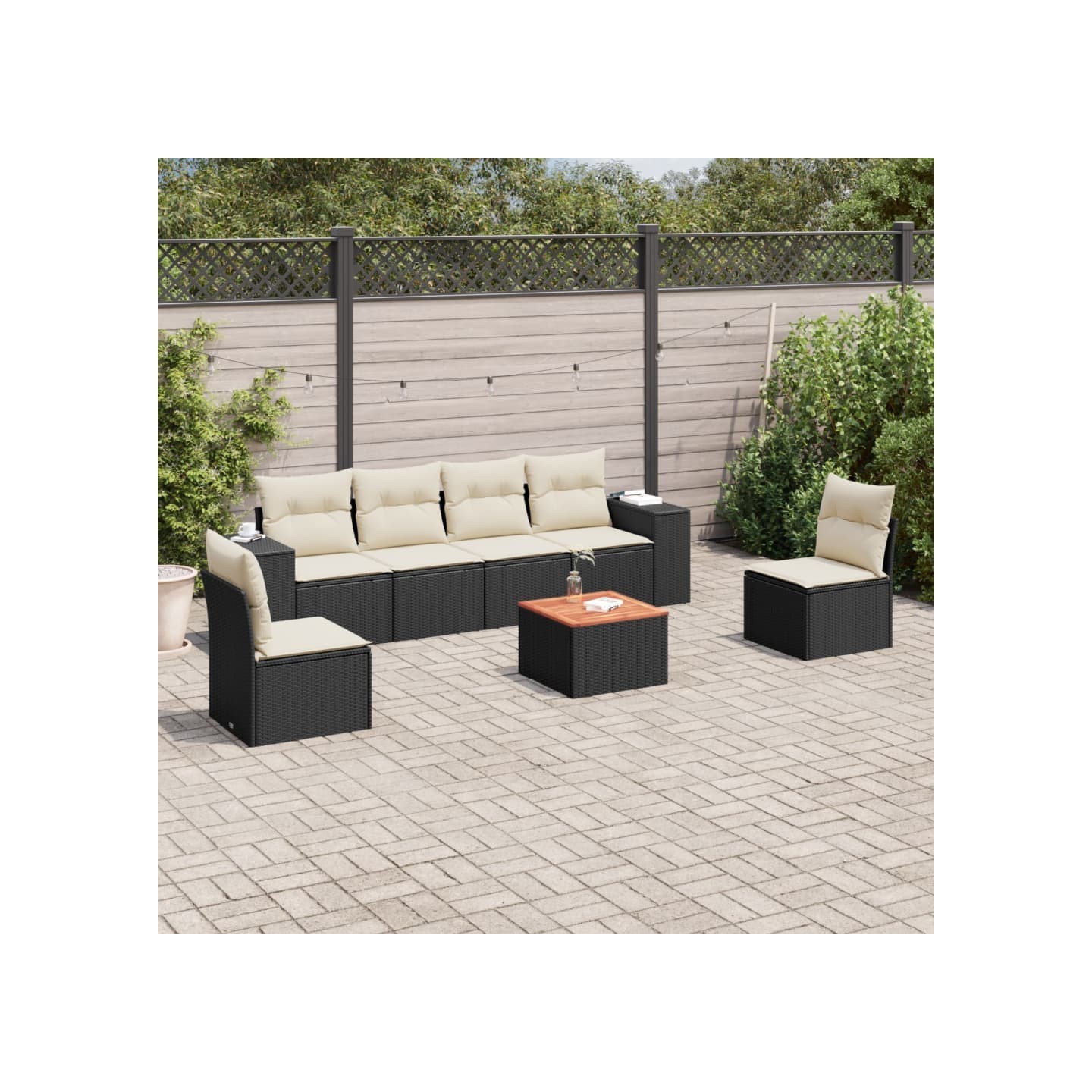 Salon de jardin 7 pcs avec coussins noir résine tressée