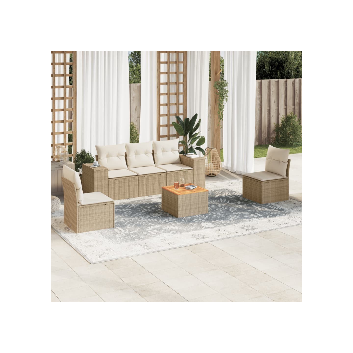 Salon de jardin avec coussins 6 pcs beige résine tressée