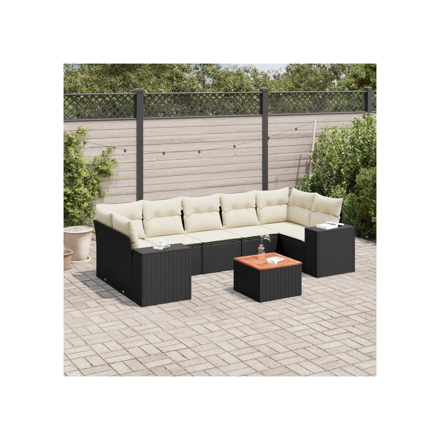 Salon de jardin 8 pcs avec coussins noir résine tressée