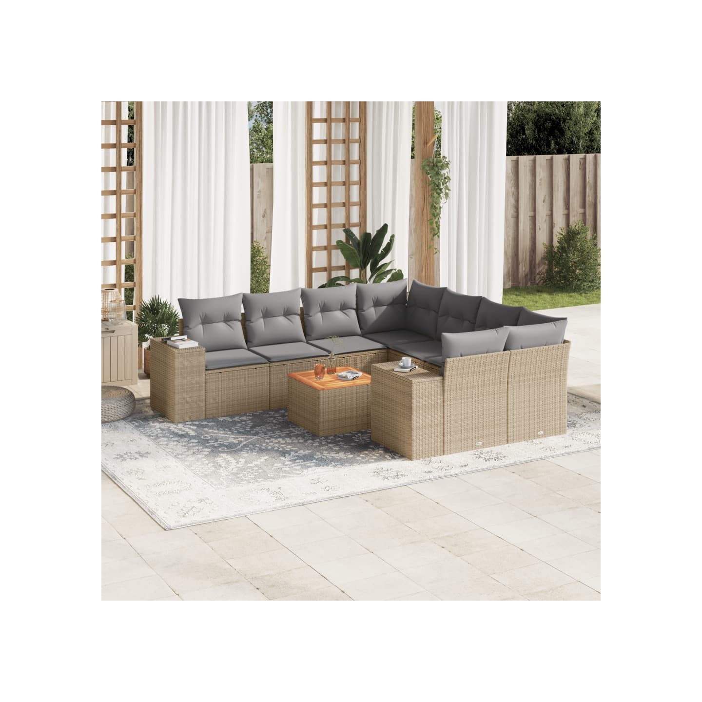 Salon de jardin avec coussins 9 pcs beige résine tressée
