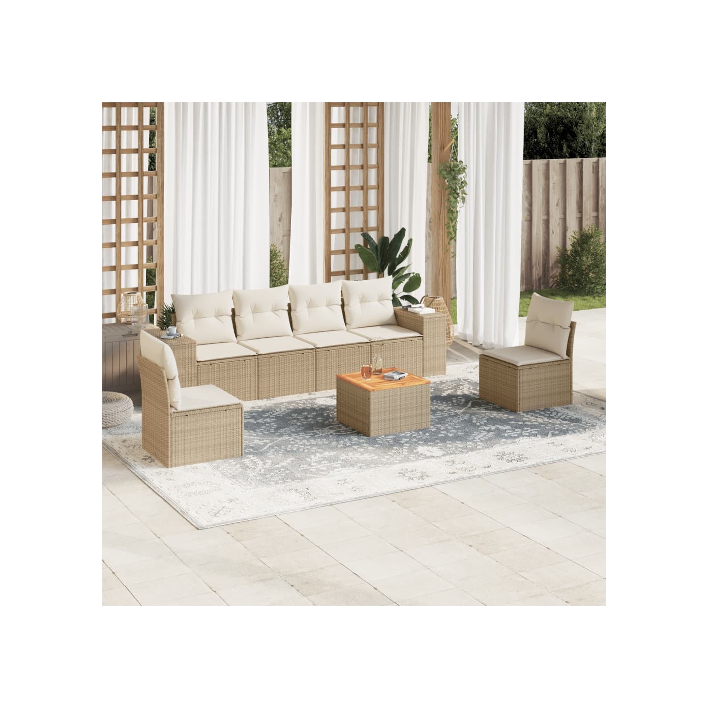 Salon de jardin avec coussins 7 pcs beige résine tressée