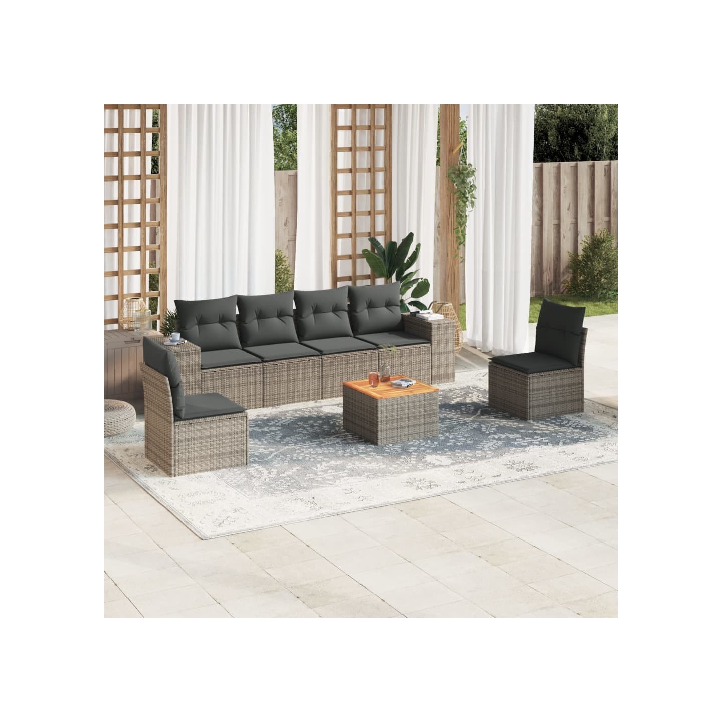 Salon de jardin avec coussins 7 pcs gris résine tressée