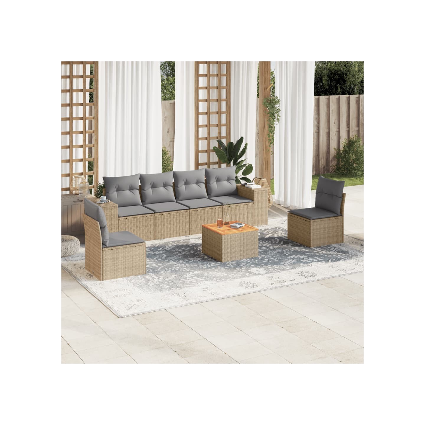 Salon de jardin avec coussins 7 pcs beige résine tressée