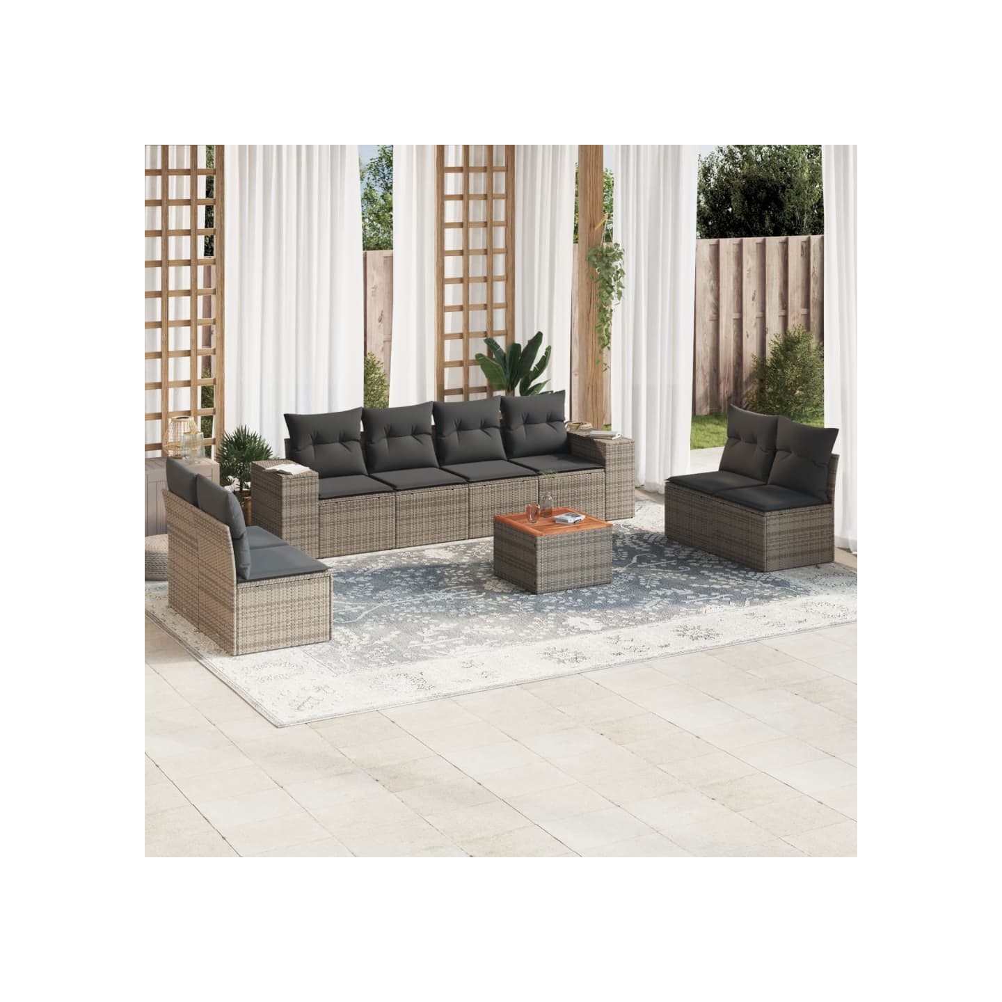 Salon de jardin 9 pcs avec coussins gris résine tressée