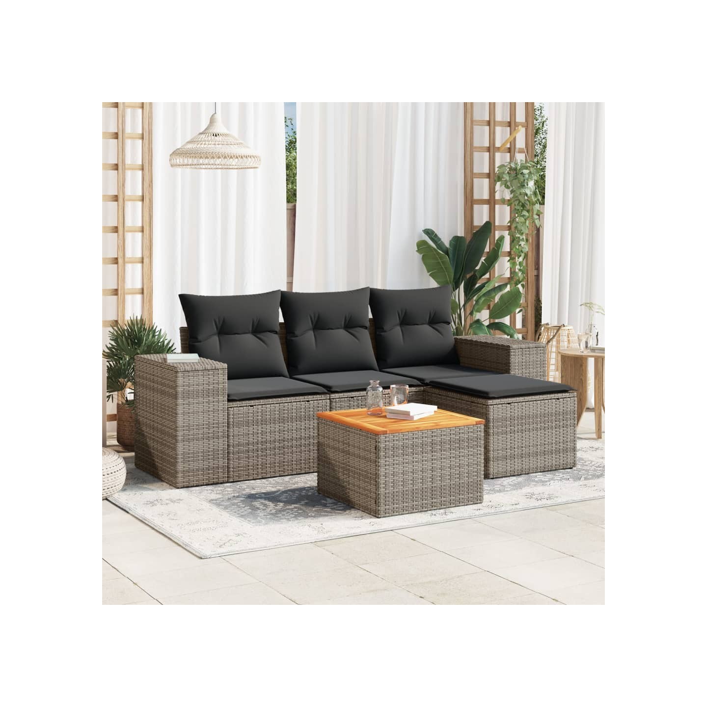 Salon de jardin 5 pcs avec coussins gris résine tressée