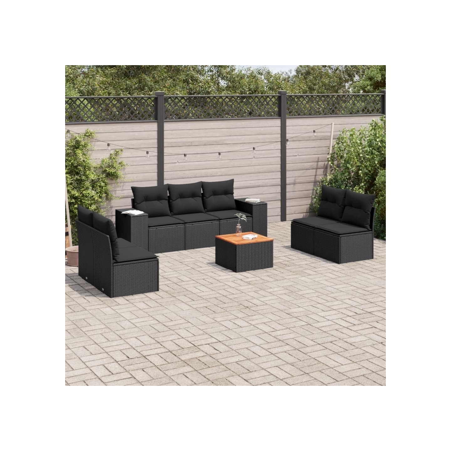 Salon de jardin 8 pcs avec coussins noir résine tressée