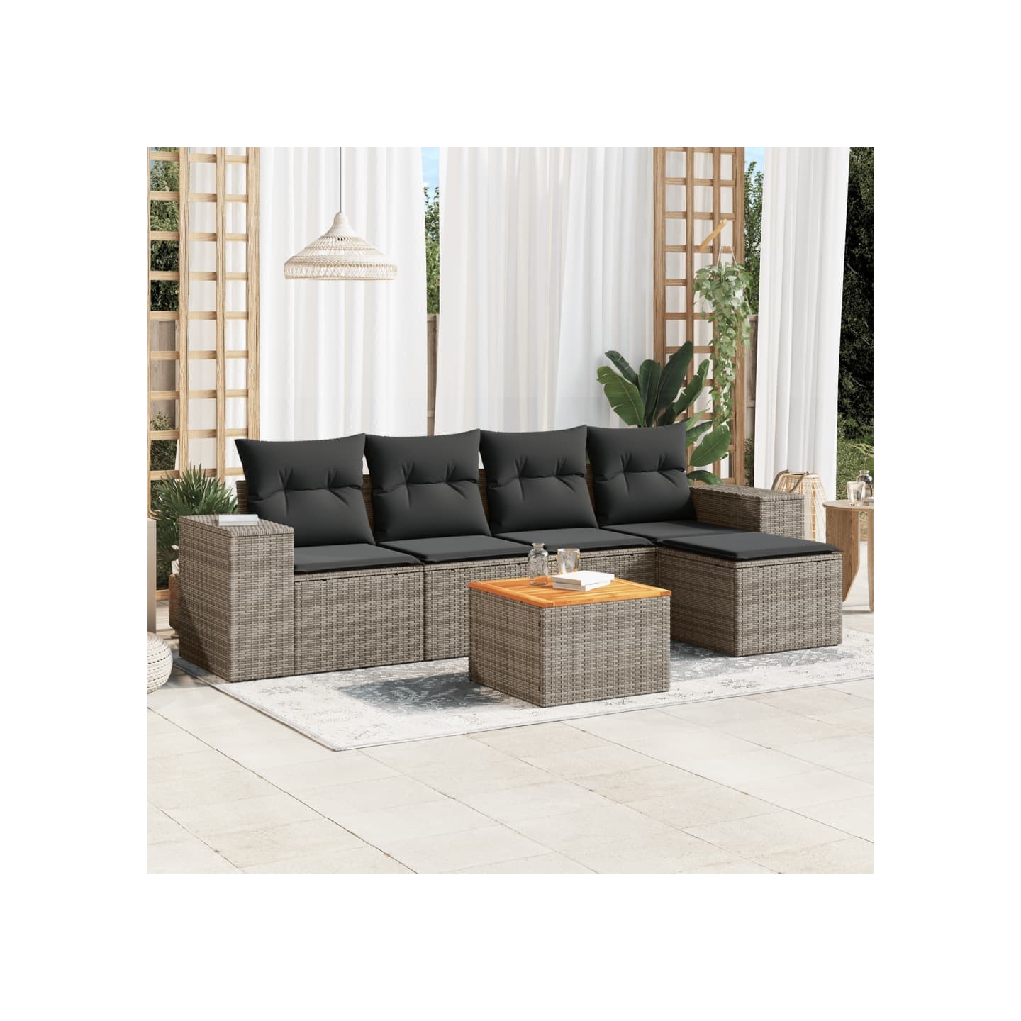 Salon de jardin 6 pcs avec coussins gris résine tressée