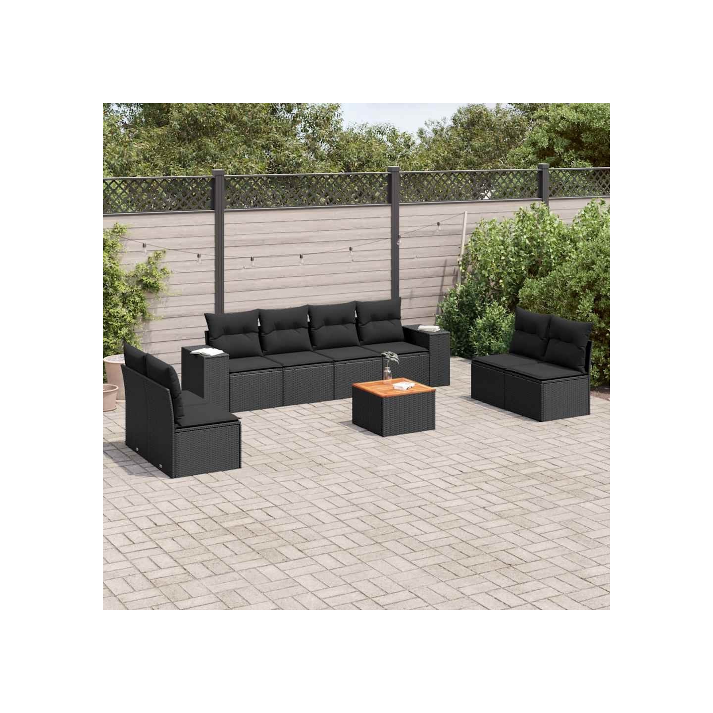 Salon de jardin 9 pcs avec coussins noir résine tressée