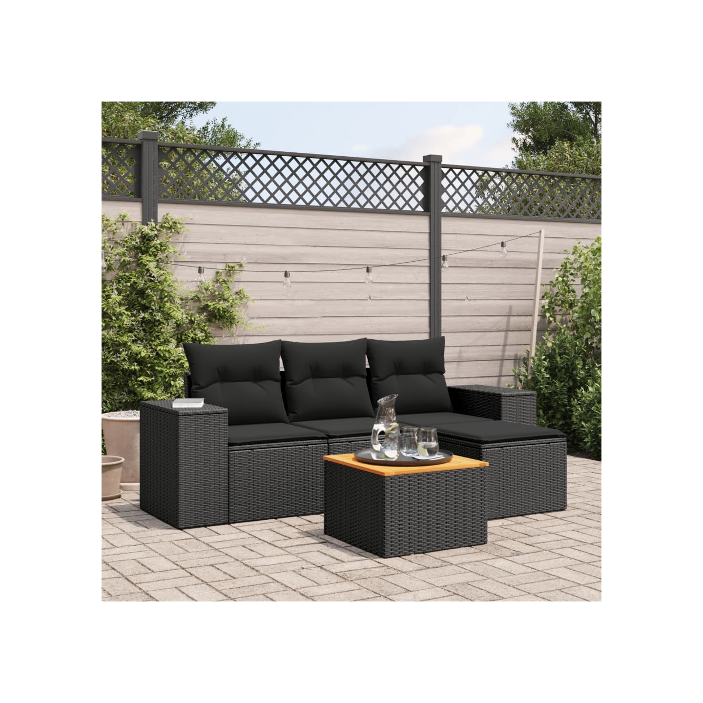 Salon de jardin 5 pcs avec coussins noir résine tressée