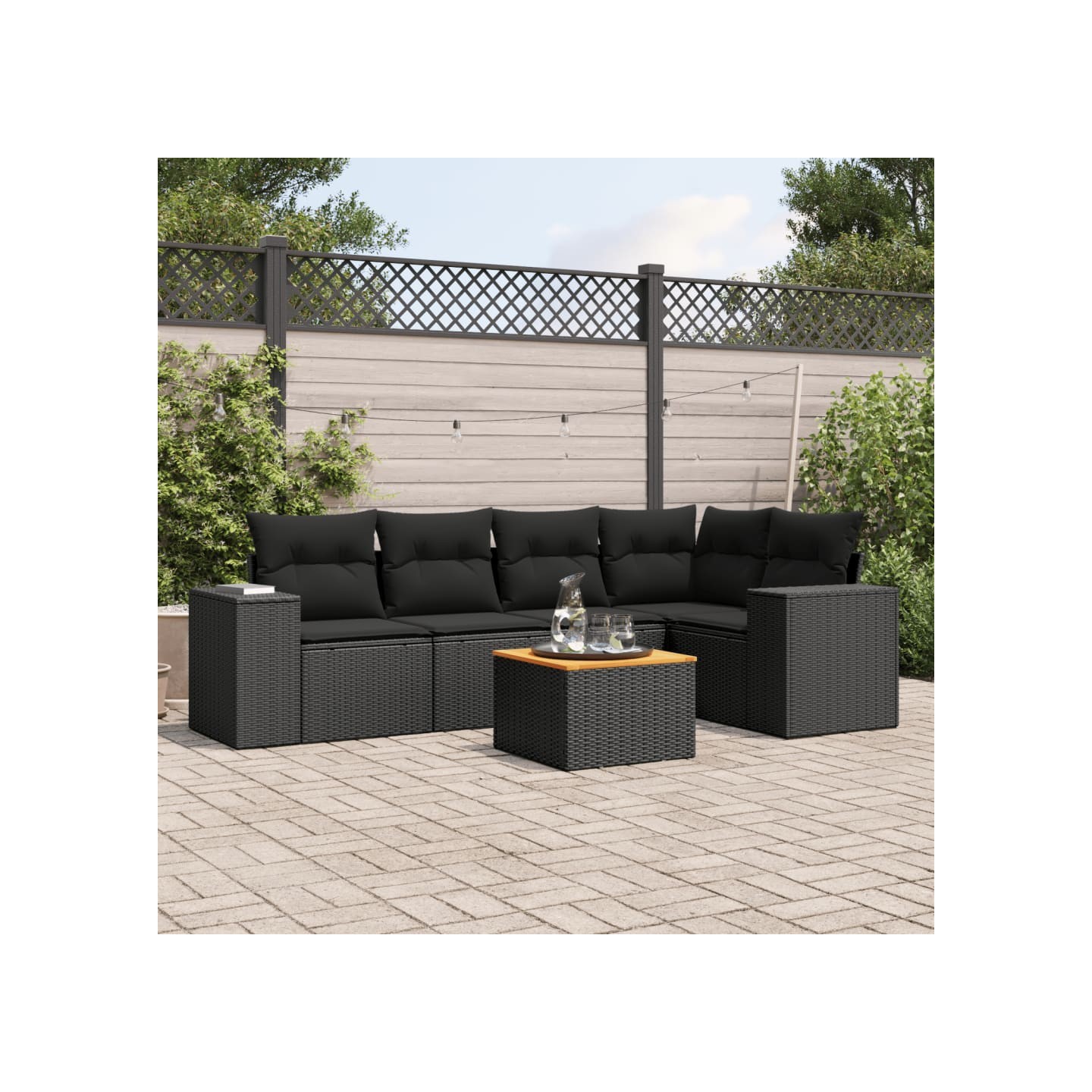 Salon de jardin 6 pcs avec coussins noir résine tressée