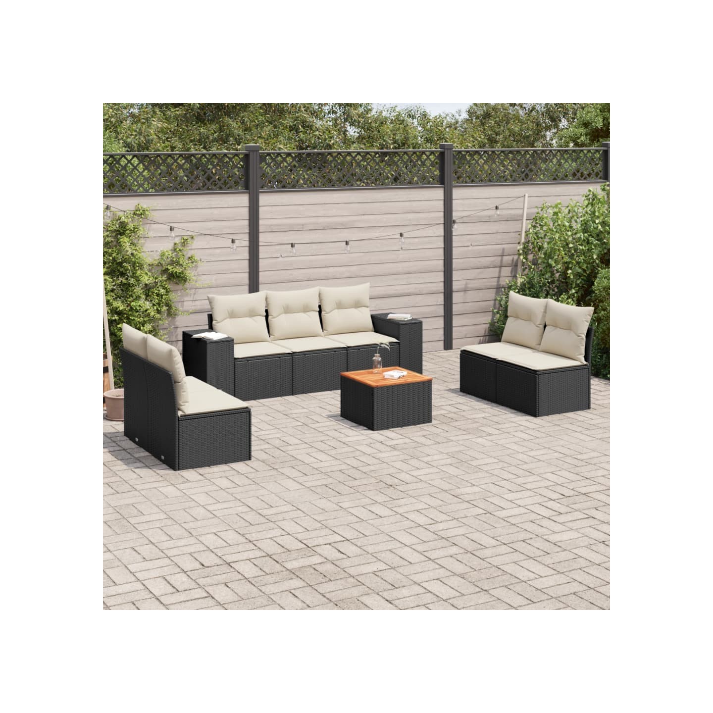 Salon de jardin 8 pcs avec coussins noir résine tressée