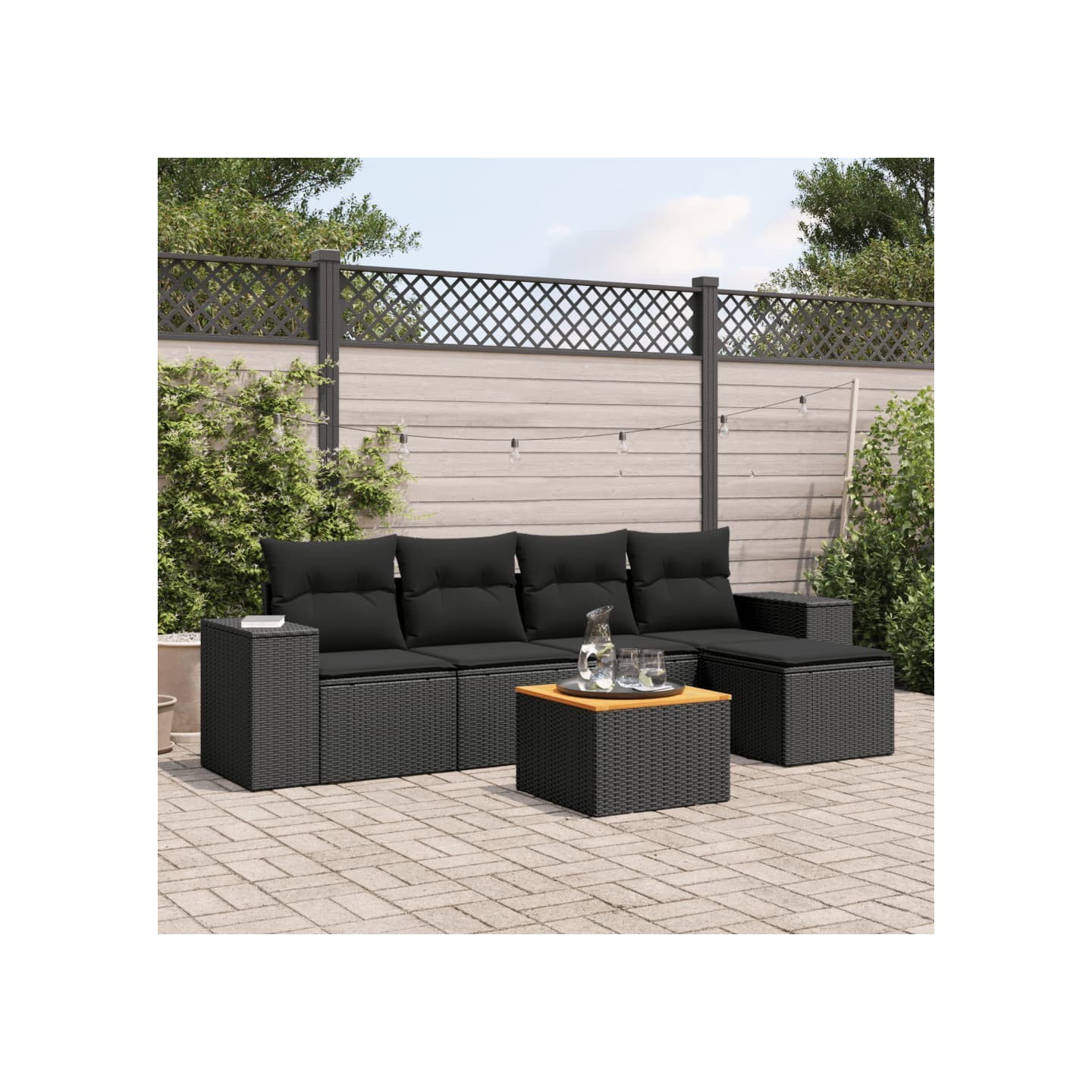 Salon de jardin 6 pcs avec coussins noir résine tressée