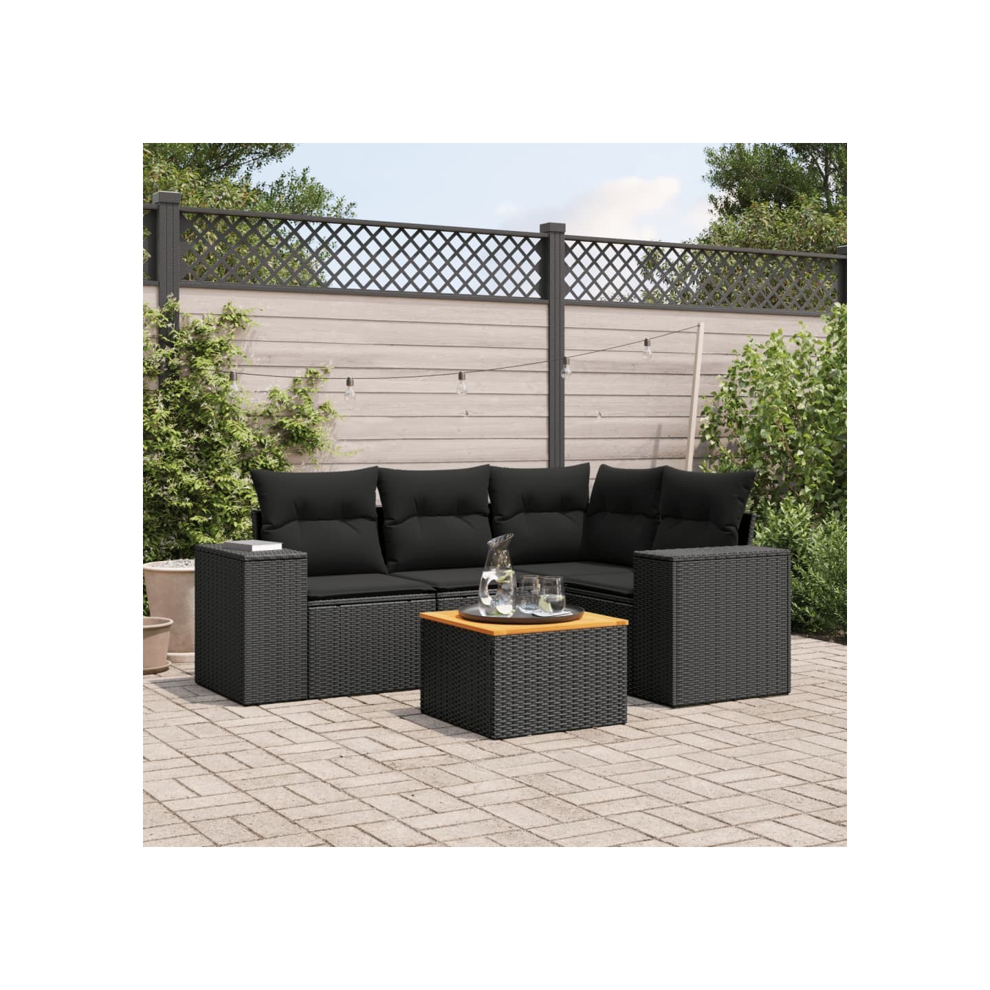 Salon de jardin 5 pcs avec coussins noir résine tressée