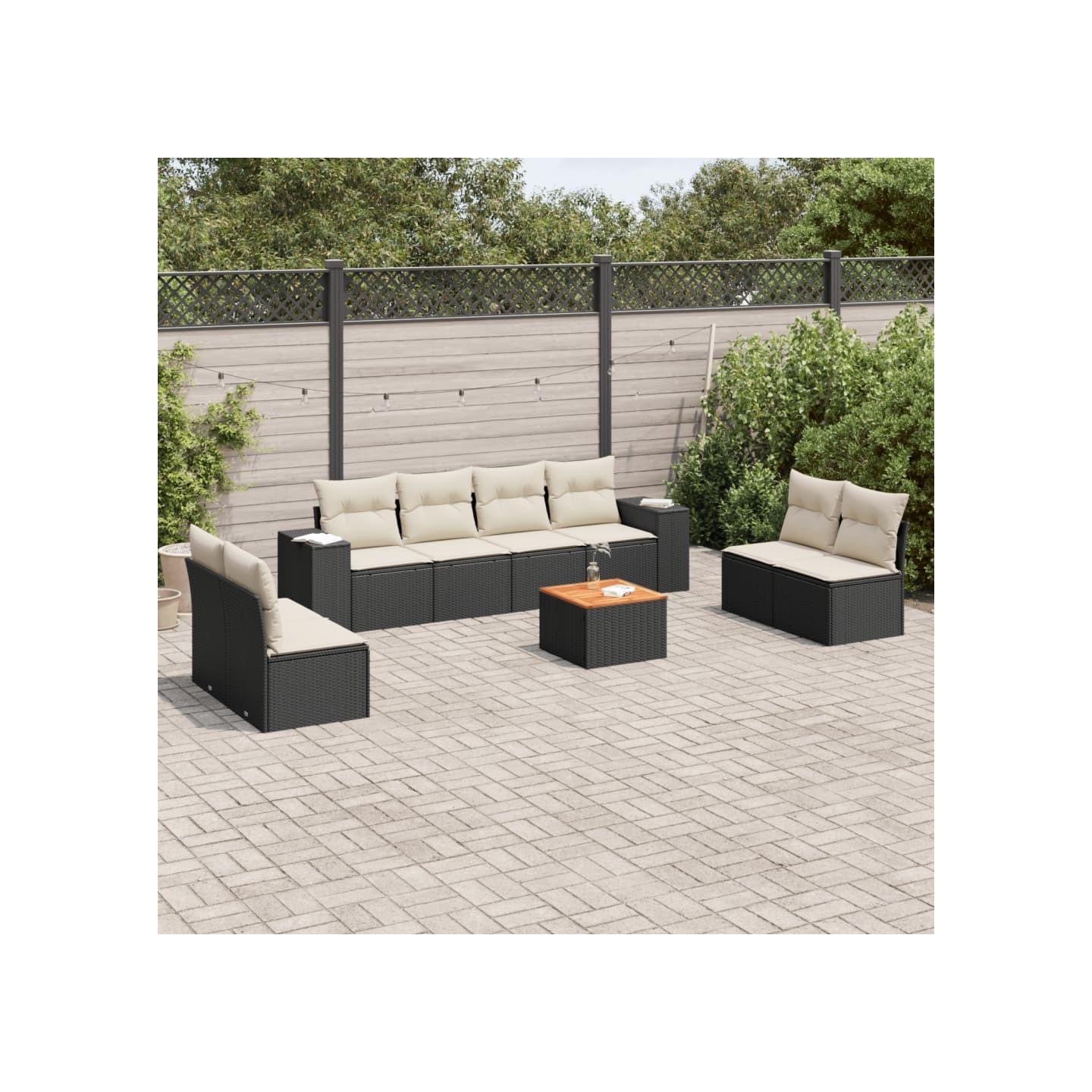 Salon de jardin 9 pcs avec coussins noir résine tressée