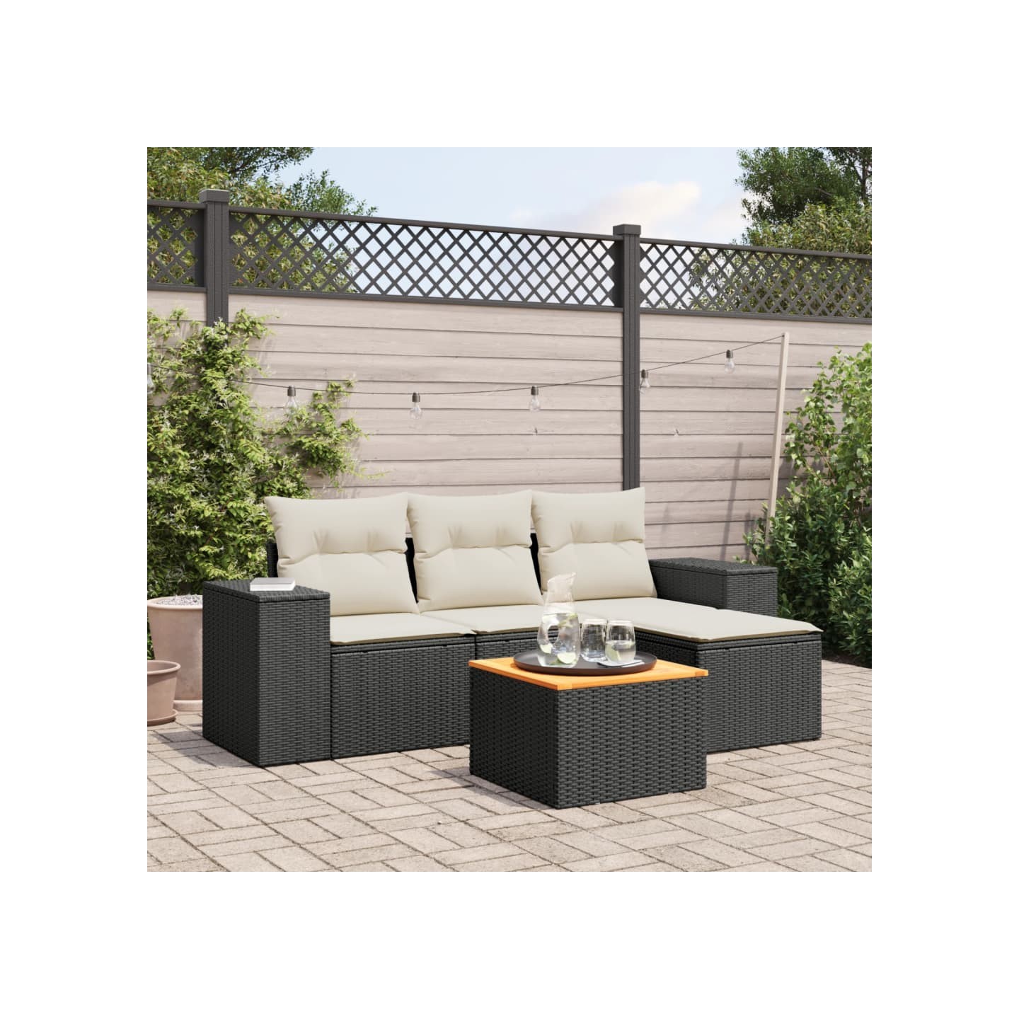 Salon de jardin 5 pcs avec coussins noir résine tressée