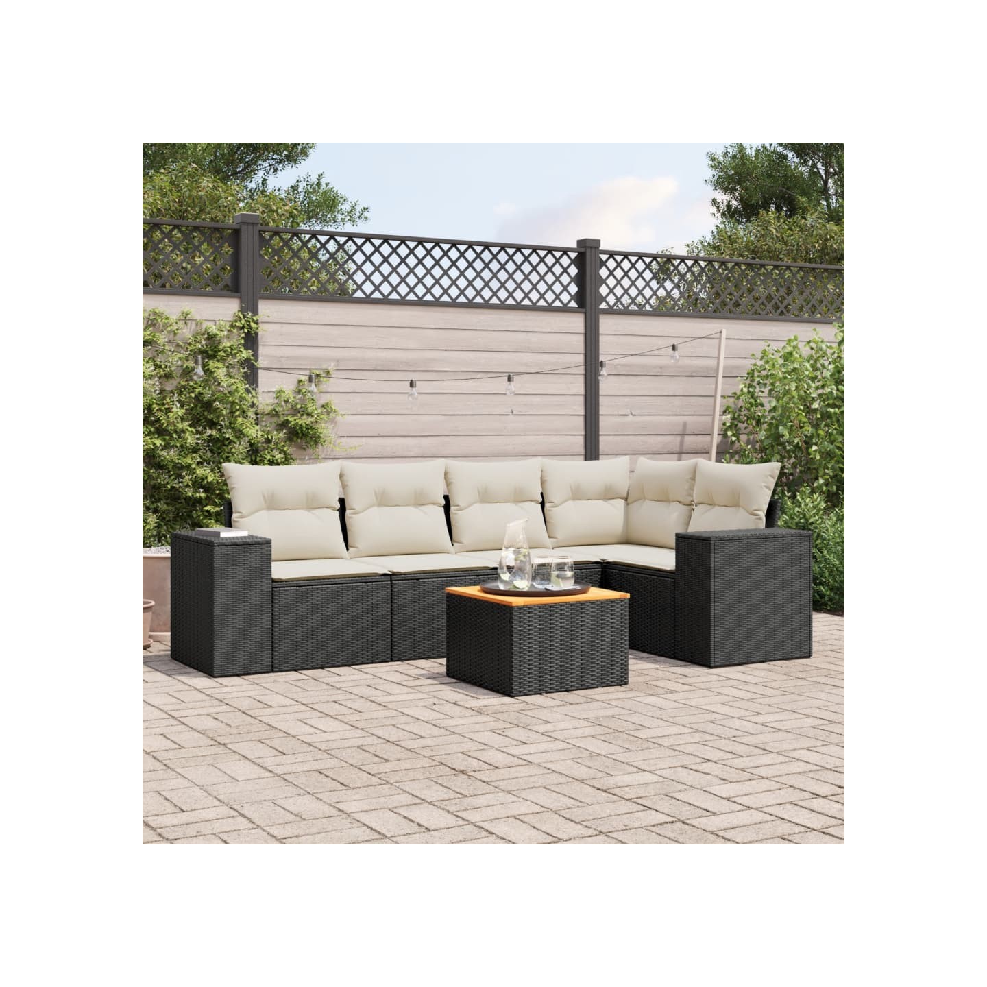 Salon de jardin 6 pcs avec coussins noir résine tressée