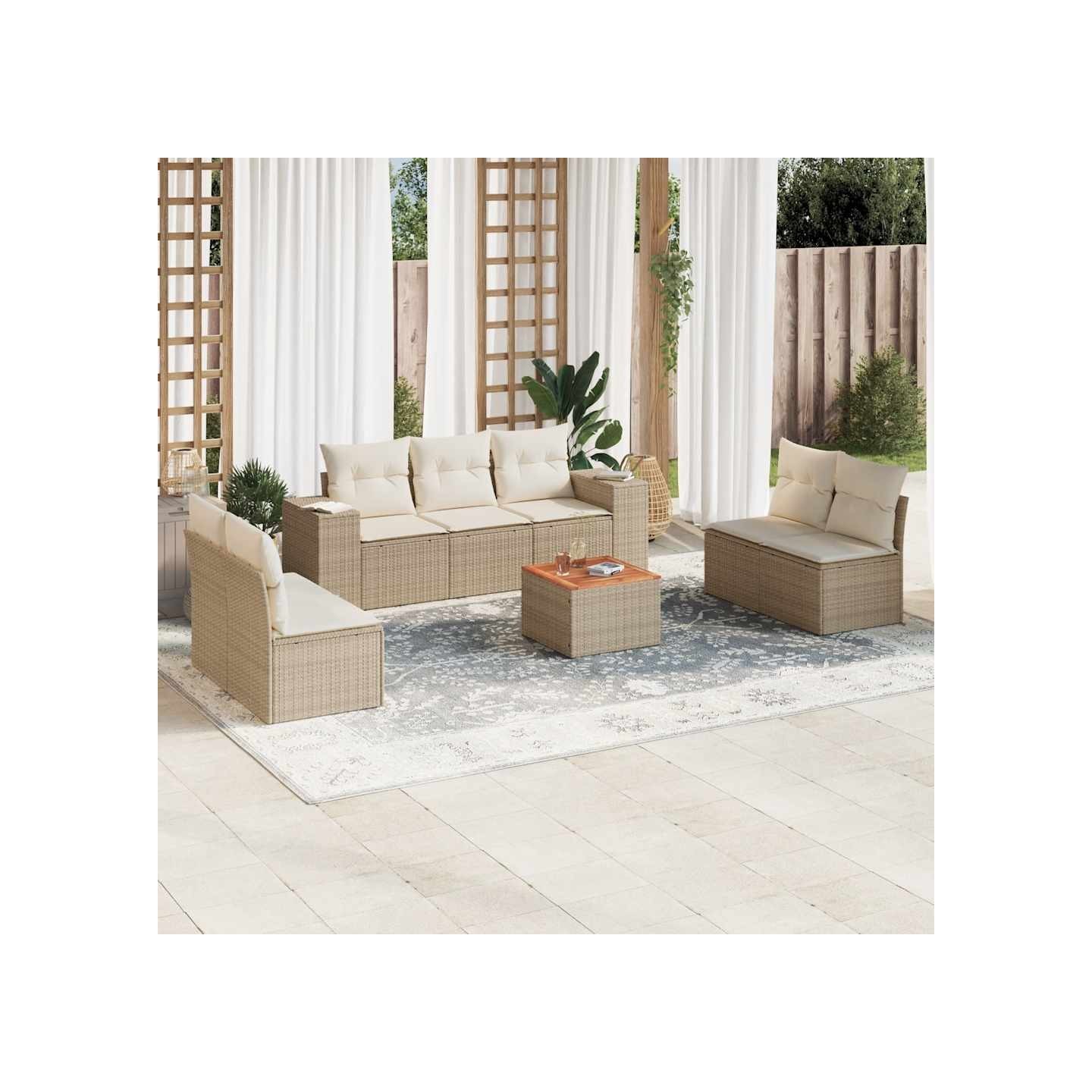 Salon de jardin avec coussins 8 pcs beige résine tressée