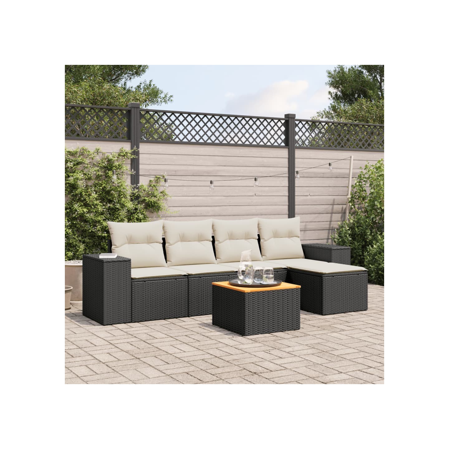 Salon de jardin 6 pcs avec coussins noir résine tressée