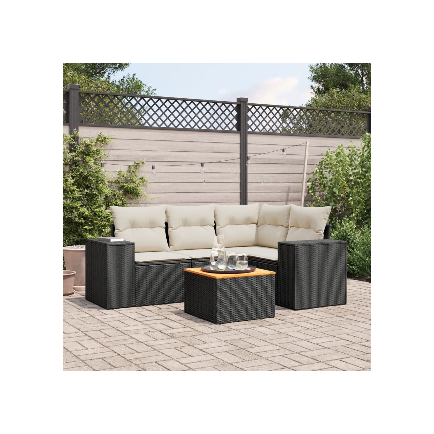 Salon de jardin 5 pcs avec coussins noir résine tressée
