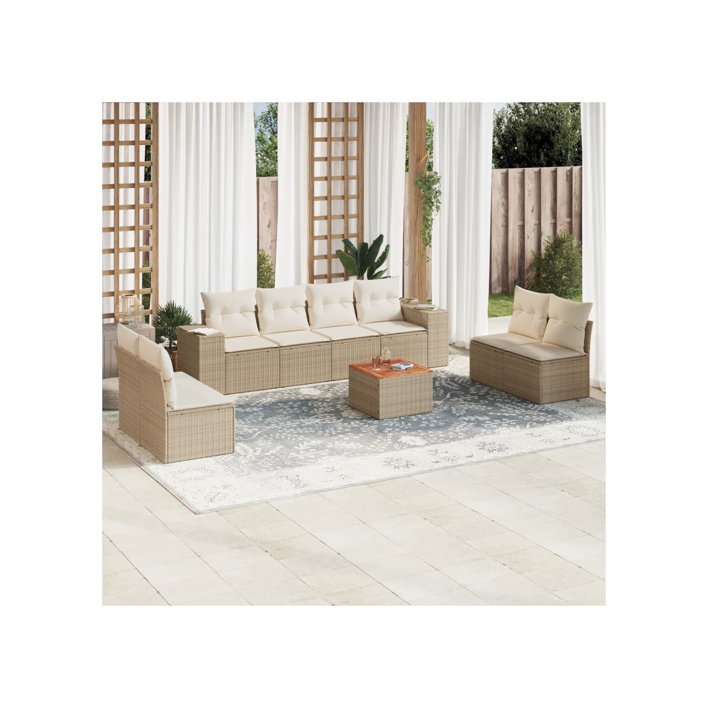 Salon de jardin avec coussins 9 pcs beige résine tressée