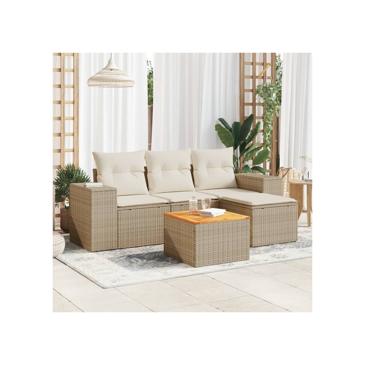 Salon de jardin avec coussins 5 pcs beige résine tressée