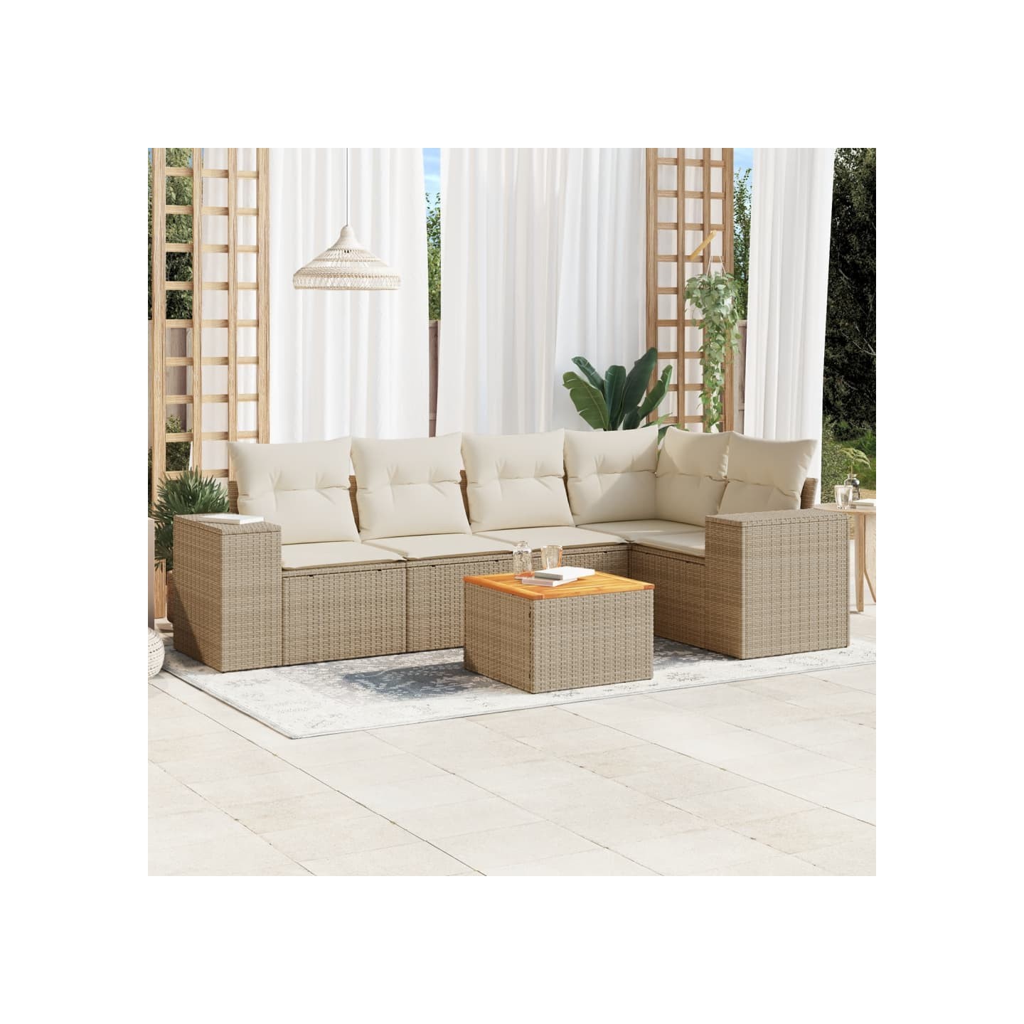 Salon de jardin avec coussins 6 pcs beige résine tressée