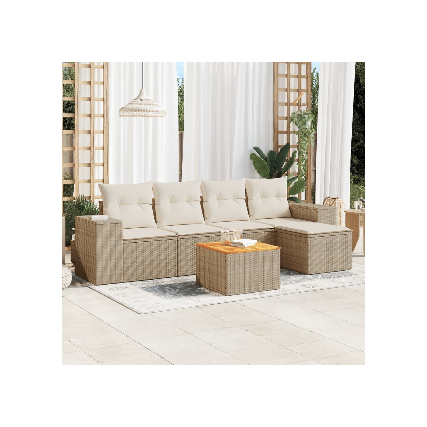 Salon de jardin avec coussins 6 pcs beige résine tressée
