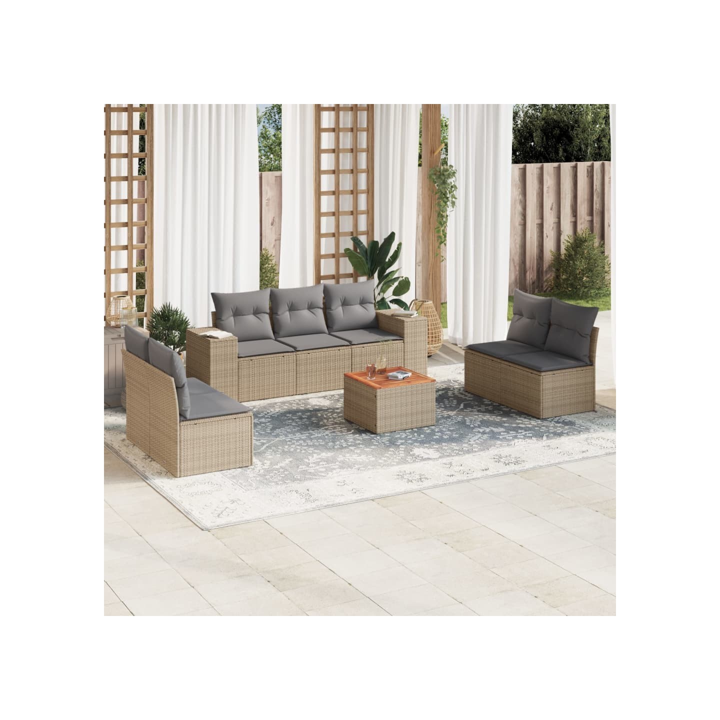 Salon de jardin avec coussins 8 pcs beige résine tressée
