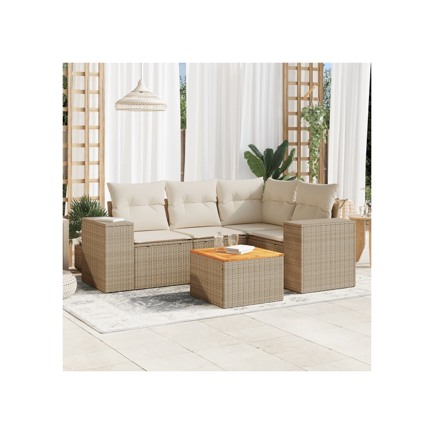 Salon de jardin avec coussins 5 pcs beige résine tressée