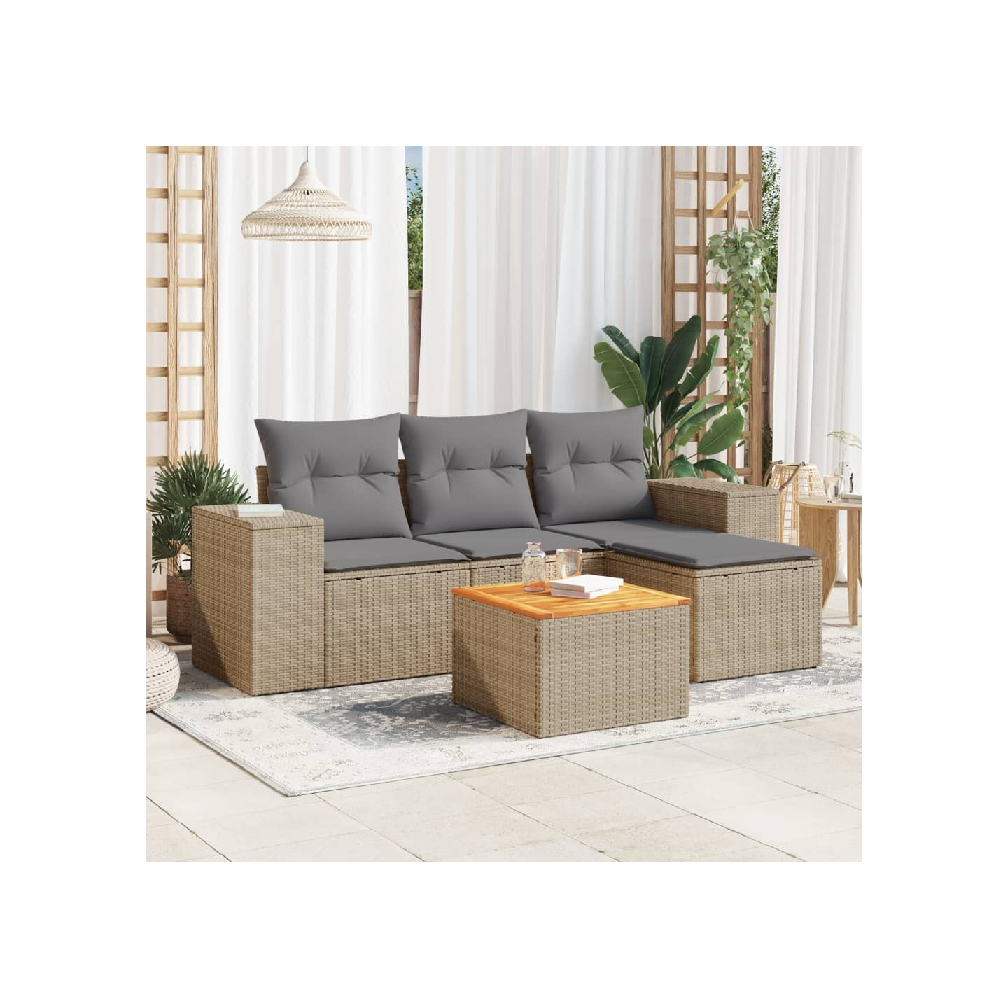 Salon de jardin avec coussins 5 pcs beige résine tressée