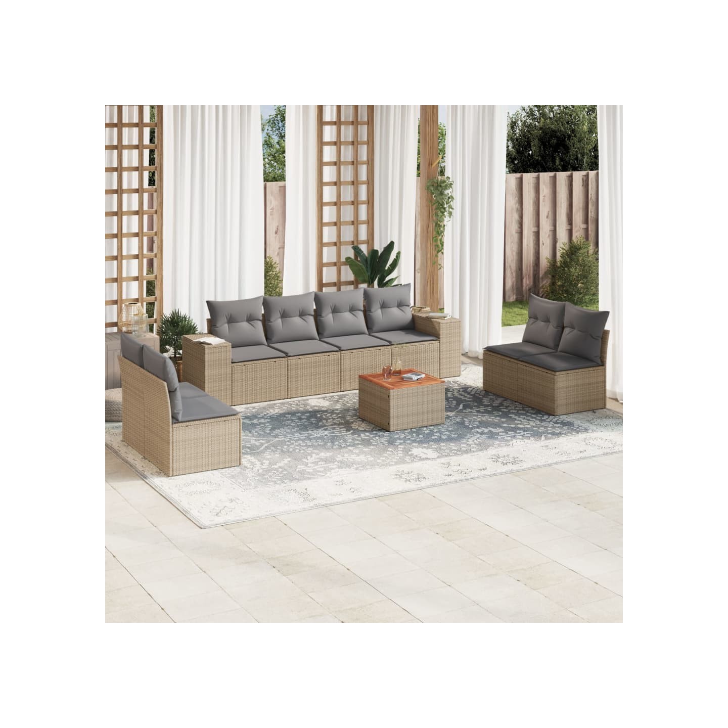 Salon de jardin avec coussins 9 pcs beige résine tressée