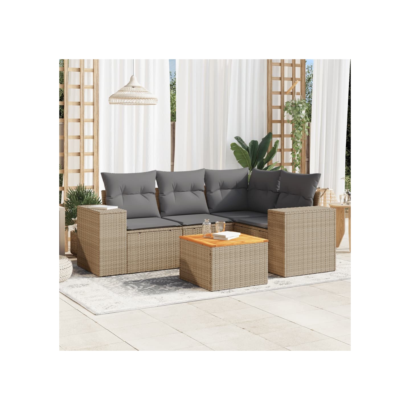 Salon de jardin avec coussins 5 pcs beige résine tressée