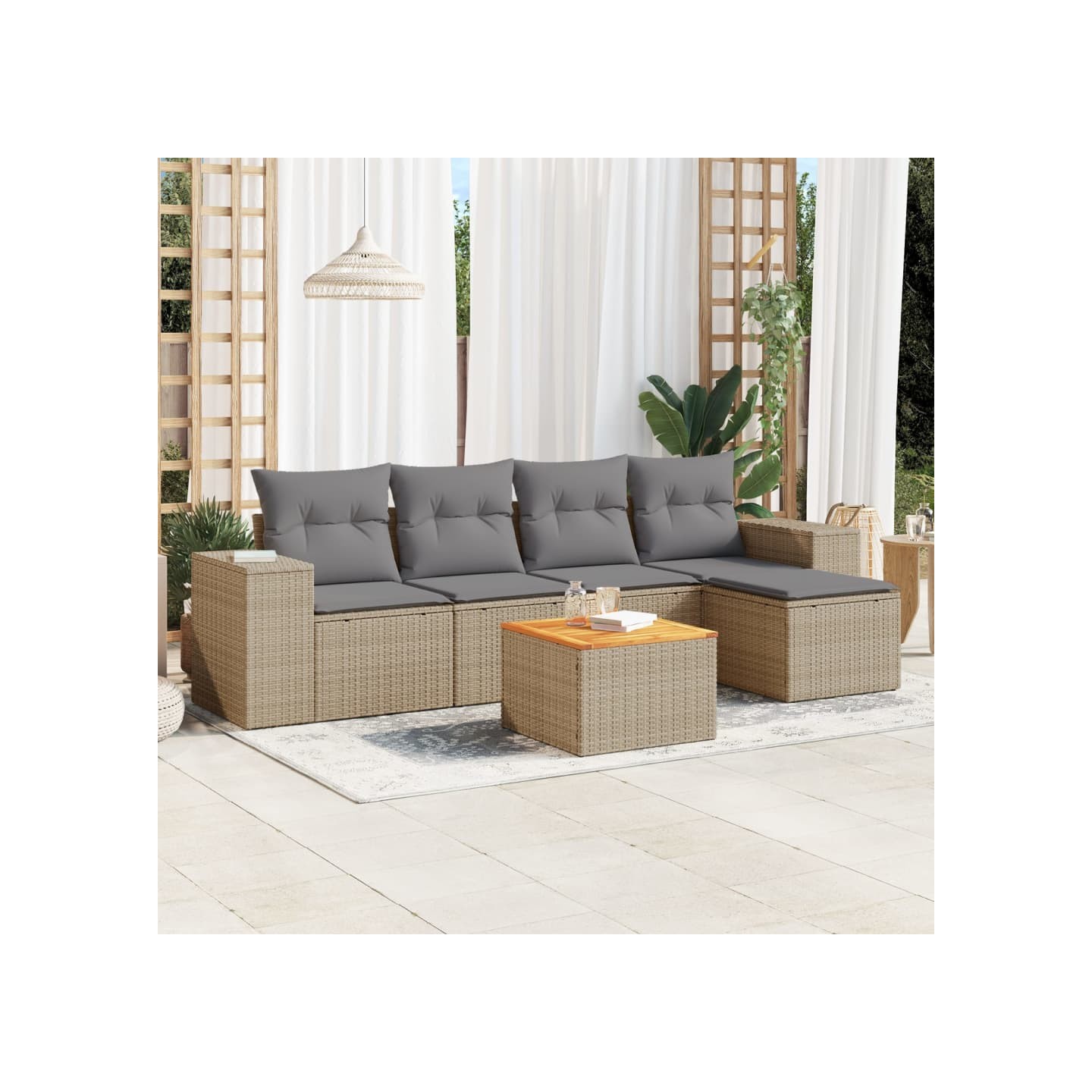 Salon de jardin avec coussins 6 pcs beige résine tressée