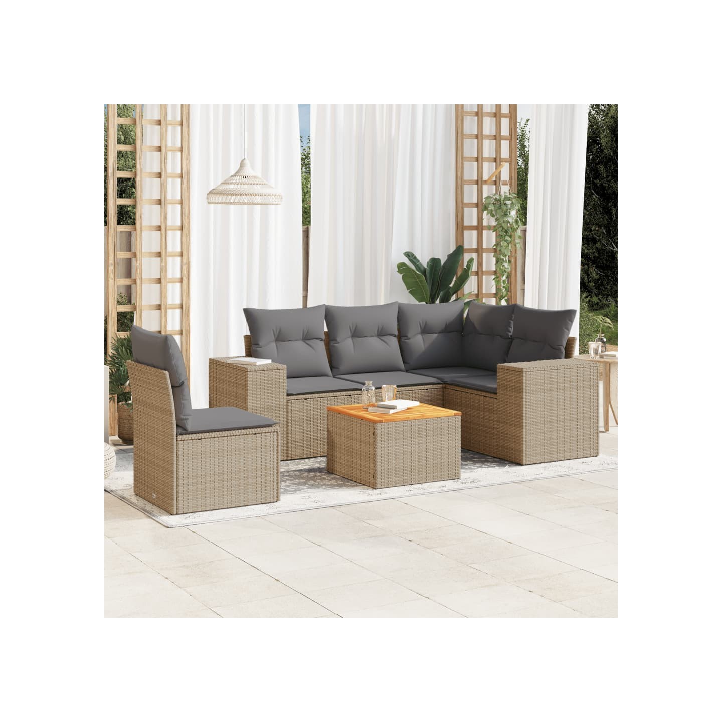 Salon de jardin avec coussins 6 pcs beige résine tressée