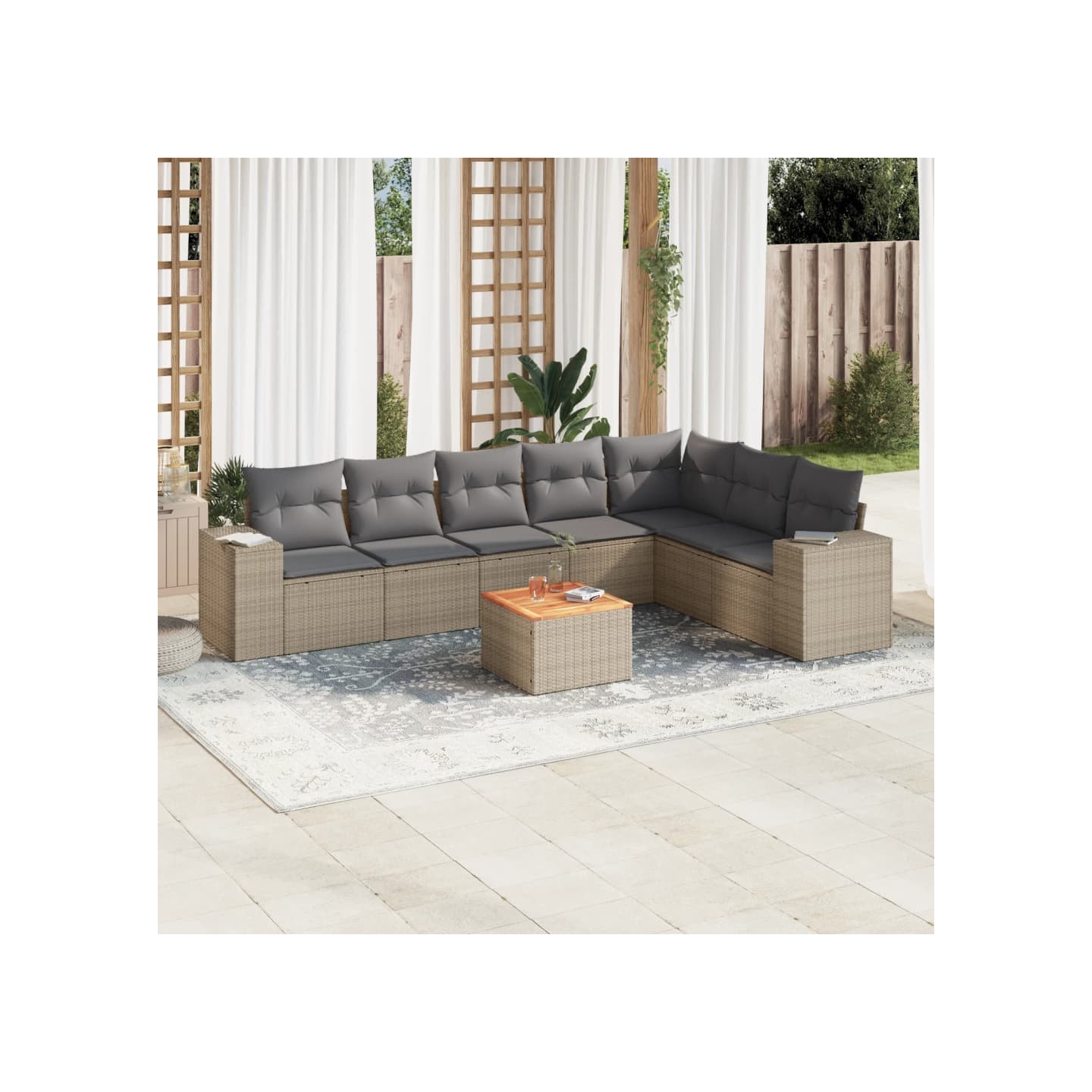 Salon de jardin avec coussins 8 pcs beige résine tressée