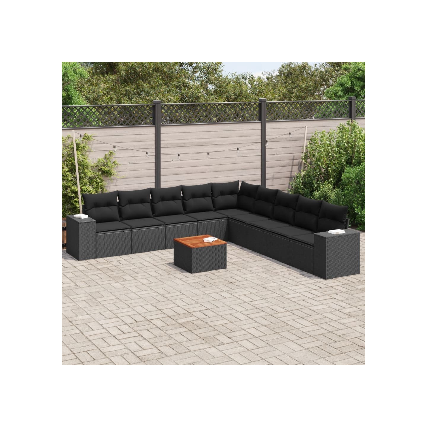Salon de jardin 10 pcs avec coussins noir résine tressée