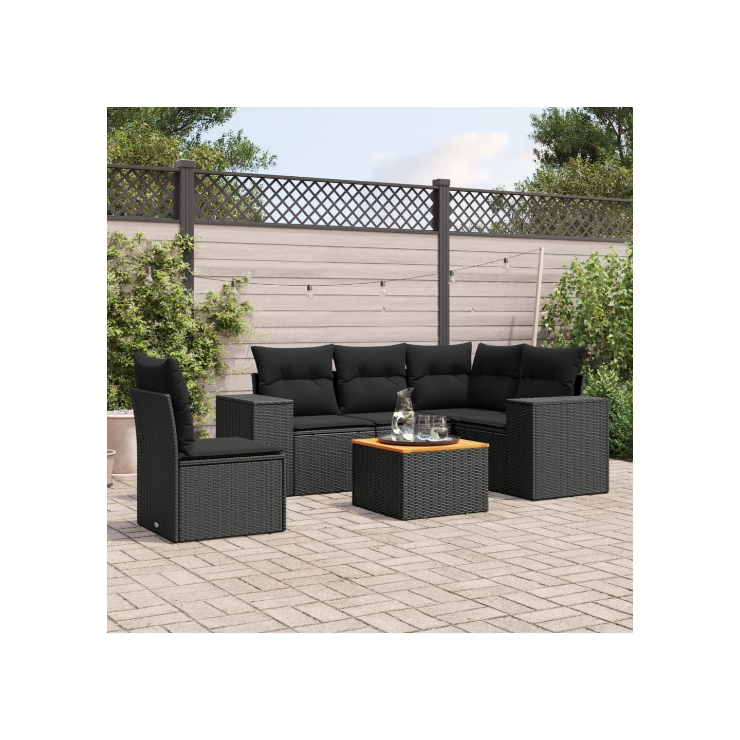 Salon de jardin 6 pcs avec coussins noir résine tressée