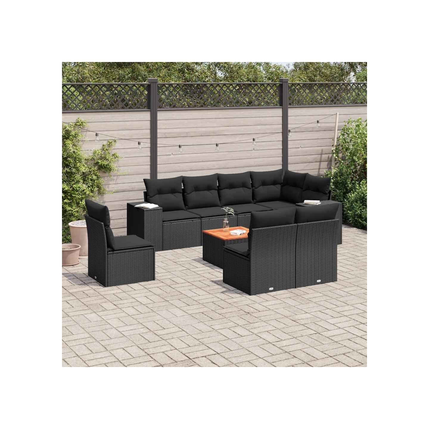 Salon de jardin 9 pcs avec coussins noir résine tressée