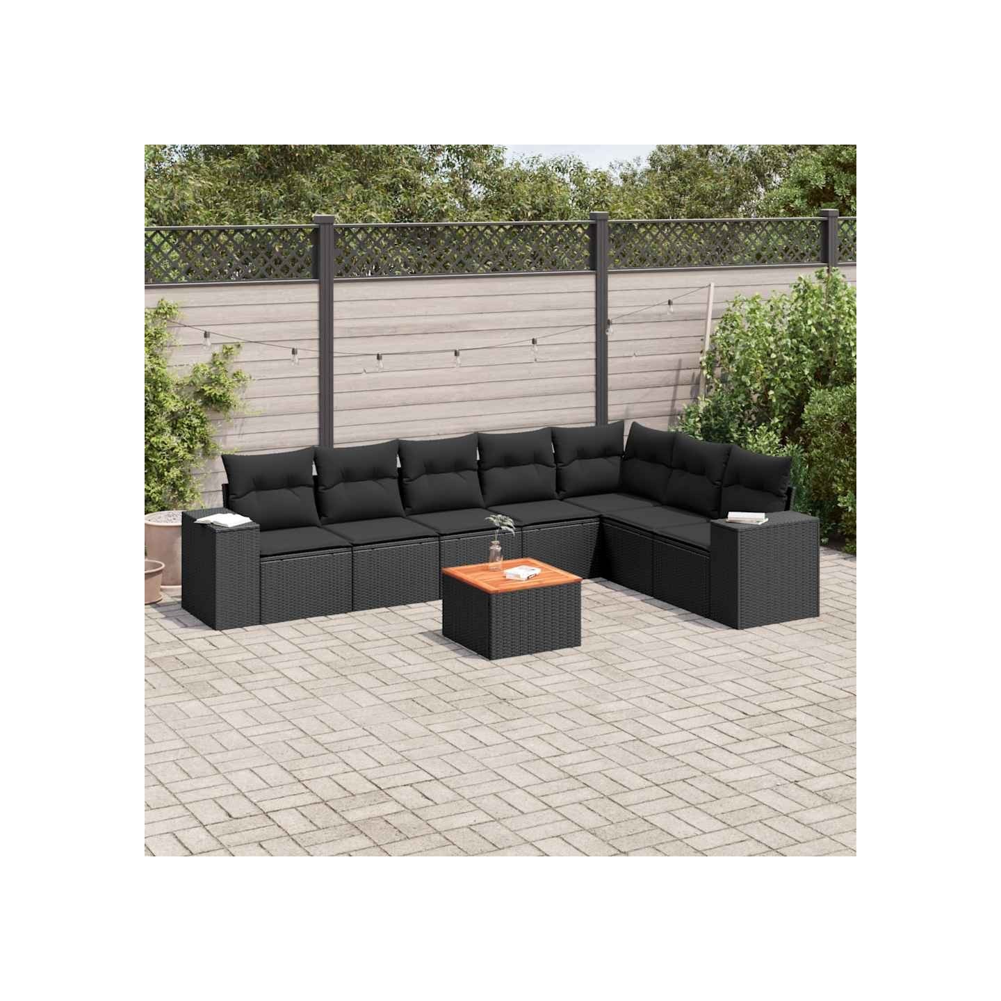 Salon de jardin 8 pcs avec coussins noir résine tressée