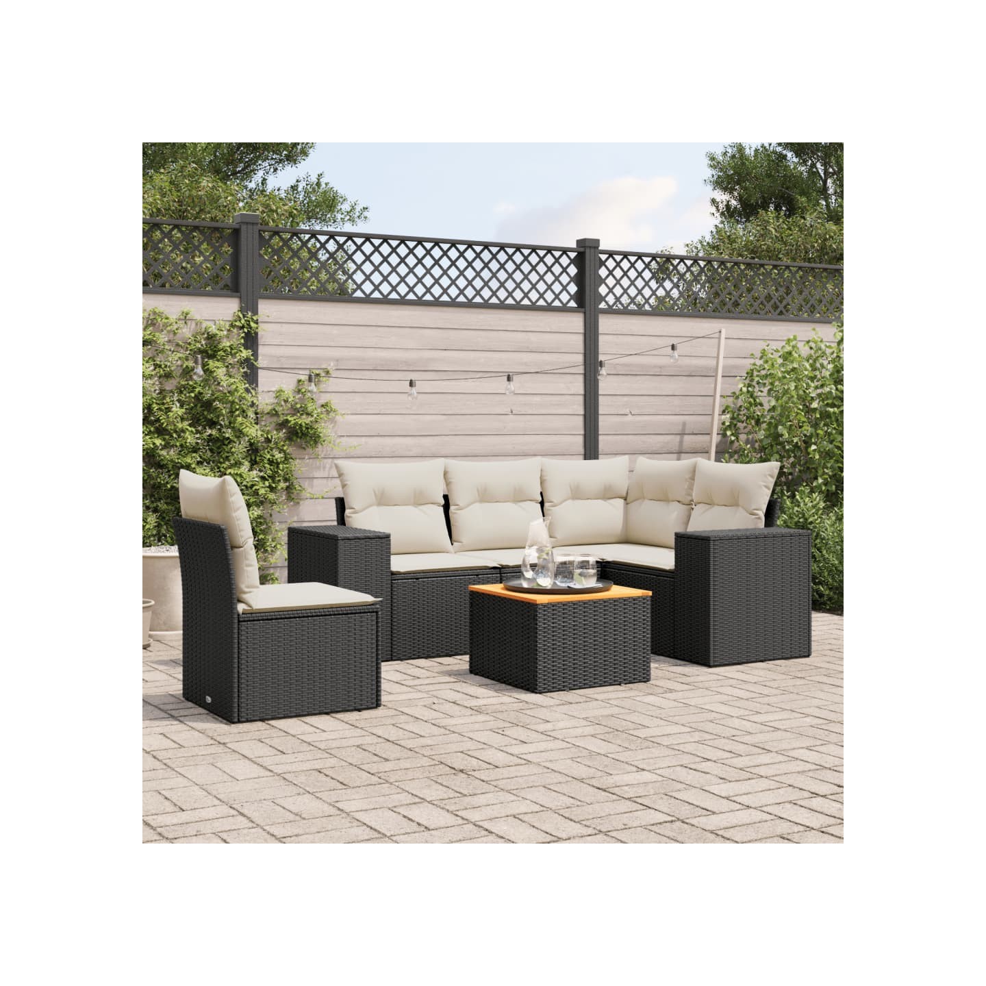 Salon de jardin 6 pcs avec coussins noir résine tressée