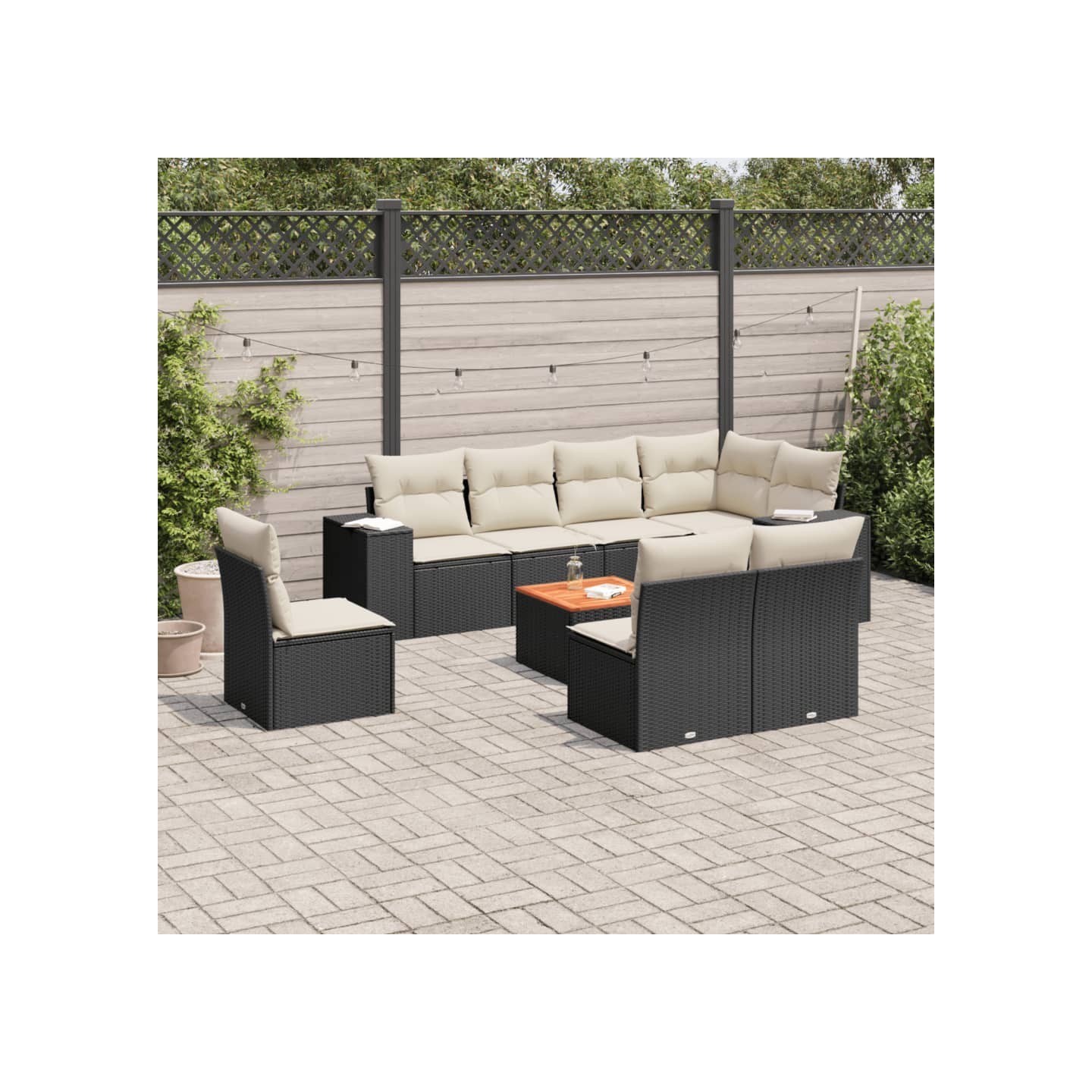 Salon de jardin 9 pcs avec coussins noir résine tressée