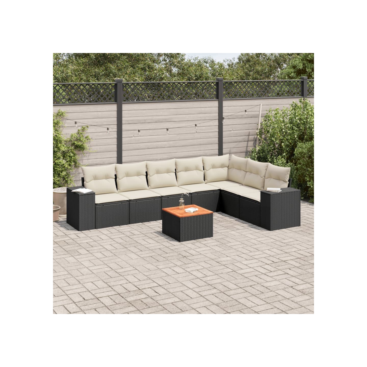 Salon de jardin 8 pcs avec coussins noir résine tressée